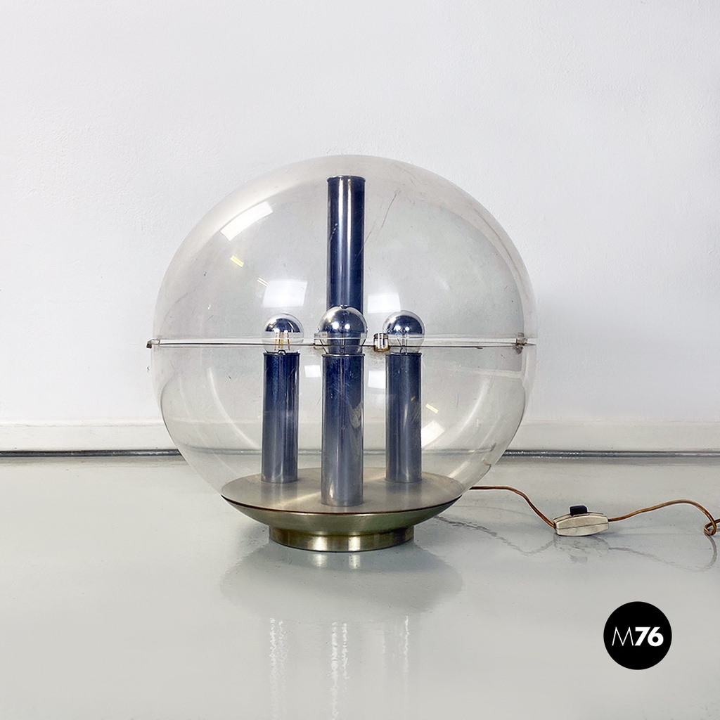 Italian Modern Aluminum and Trasparent Plastic Sphere Table or Floor Lamp, 1970s
