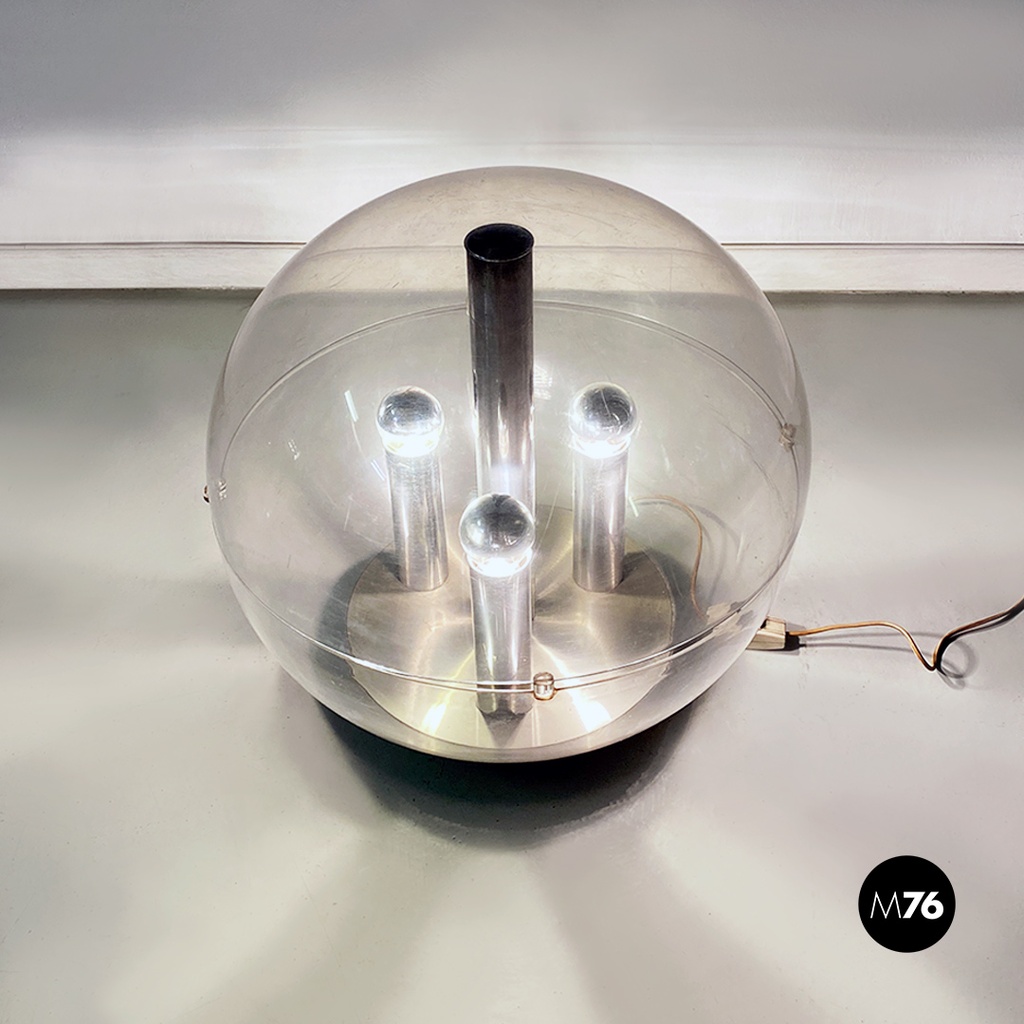 Italian Modern Aluminum and Trasparent Plastic Sphere Table or Floor Lamp, 1970s