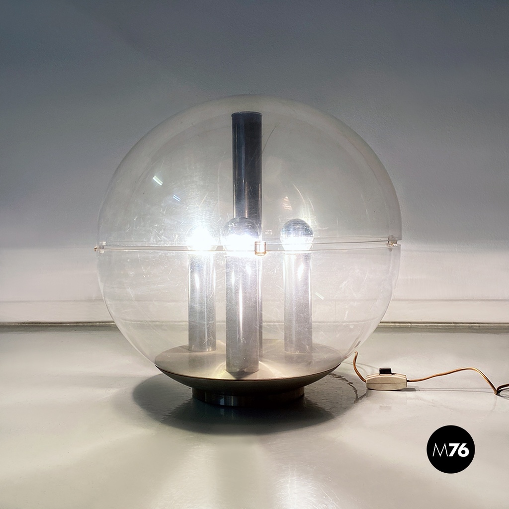 Italian Modern Aluminum and Trasparent Plastic Sphere Table or Floor Lamp, 1970s