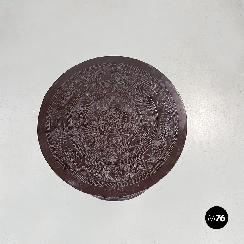 Asian Modern Ethnic Table and Stools in Brown Metal with Drawing, 1990s