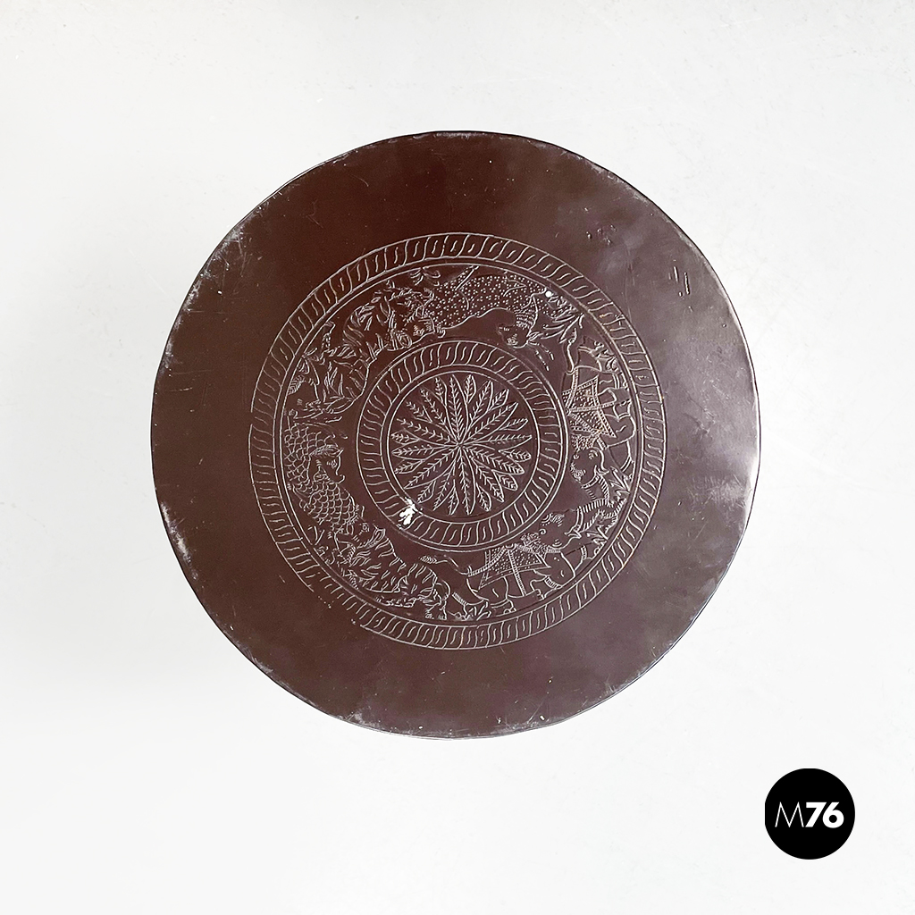 Asian Modern Ethnic Table and Stools in Brown Metal with Drawing, 1990s