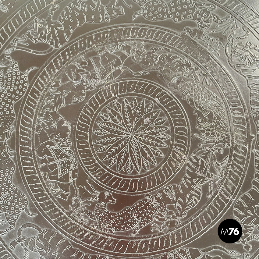 Asian Modern Ethnic Table and Stools in Brown Metal with Drawing, 1990s