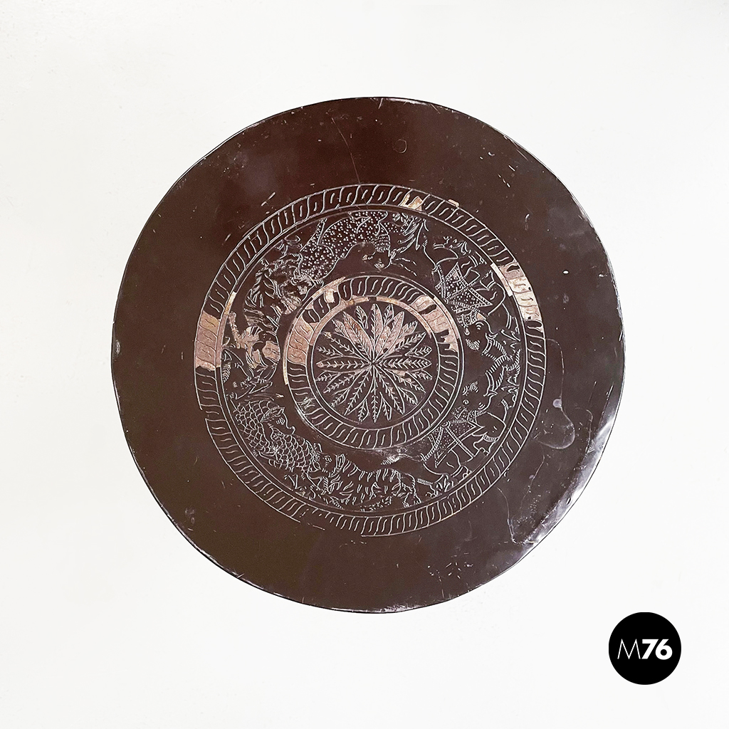 Asian Modern Ethnic Table and Stools in Brown Metal with Drawing, 1990s