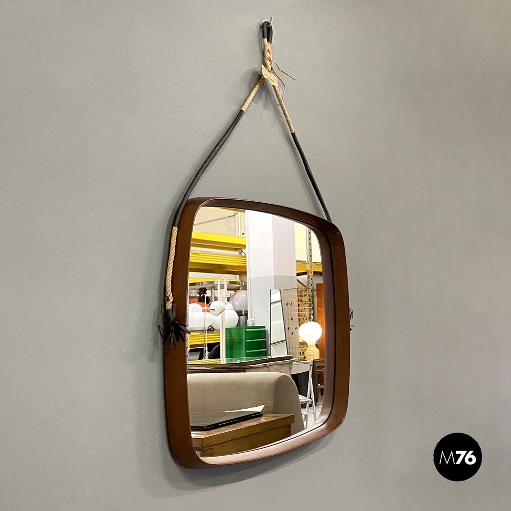 Italian mid-century modern squared wooden wall mirror with rope, 1960s