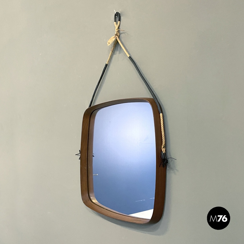 Italian mid-century modern squared wooden wall mirror with rope, 1960s