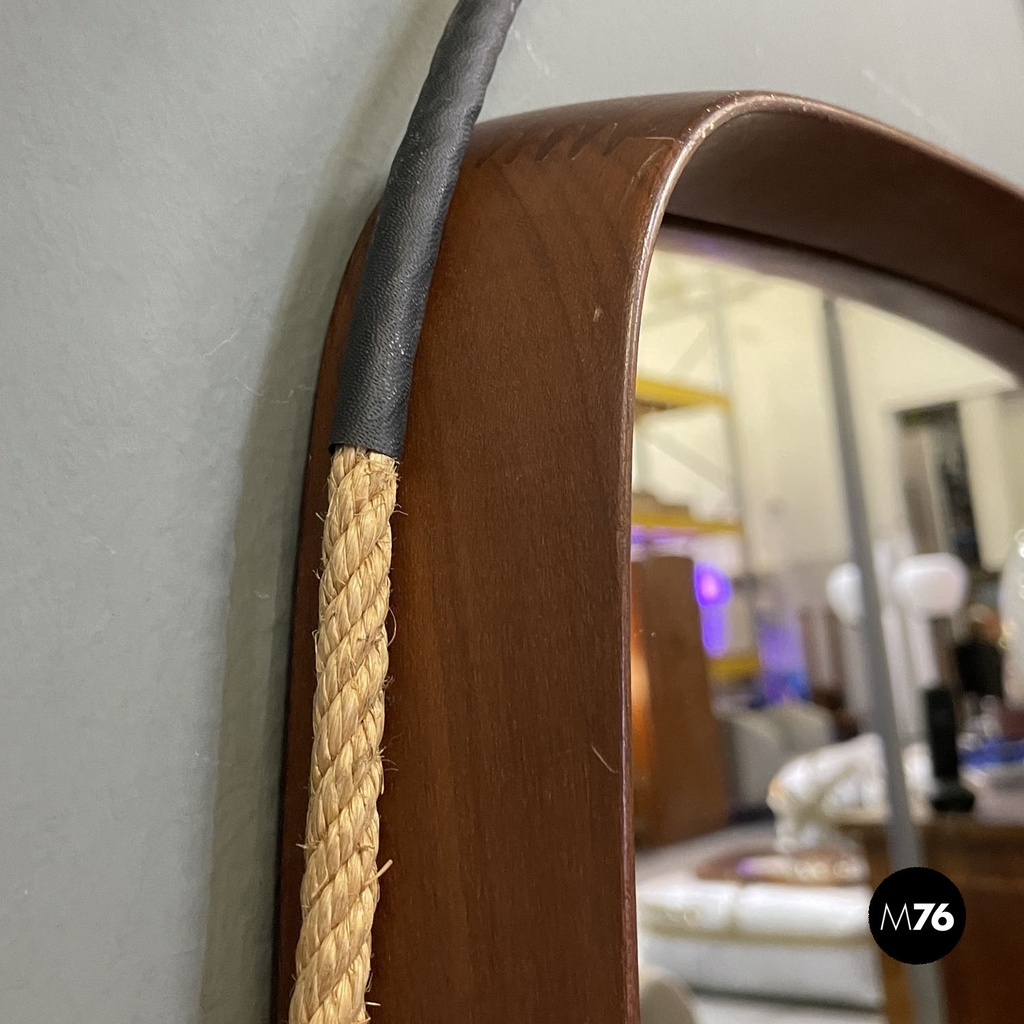 Italian mid-century modern squared wooden wall mirror with rope, 1960s