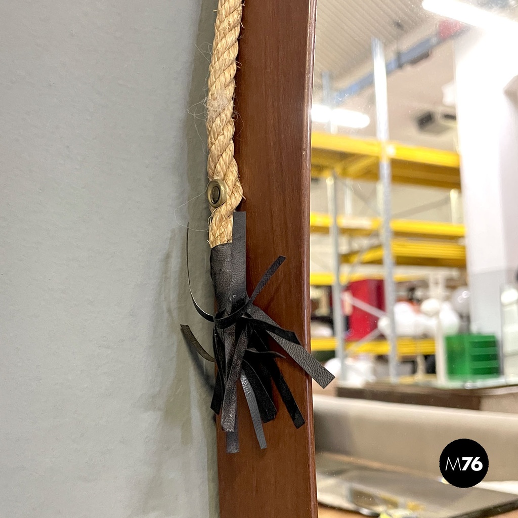 Italian mid-century modern squared wooden wall mirror with rope, 1960s