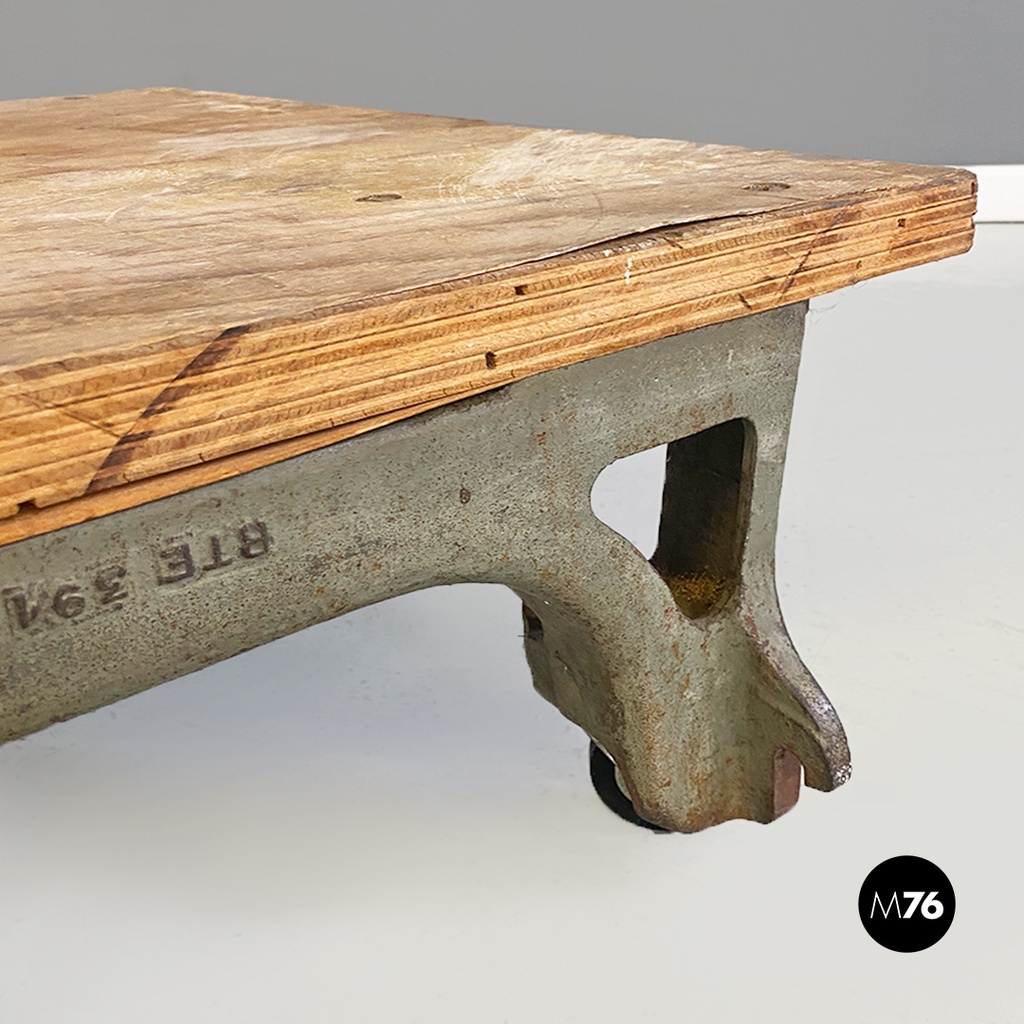 Italian Vintage Cast Iron and Wood Italian State Railways Storage Trolley, 1930s