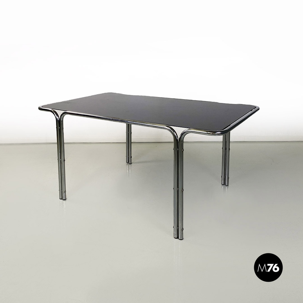 Italian modern tubolar steel and smoked glass dining table or desk, 1970s