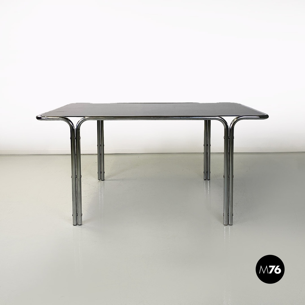 Italian modern tubolar steel and smoked glass dining table or desk, 1970s