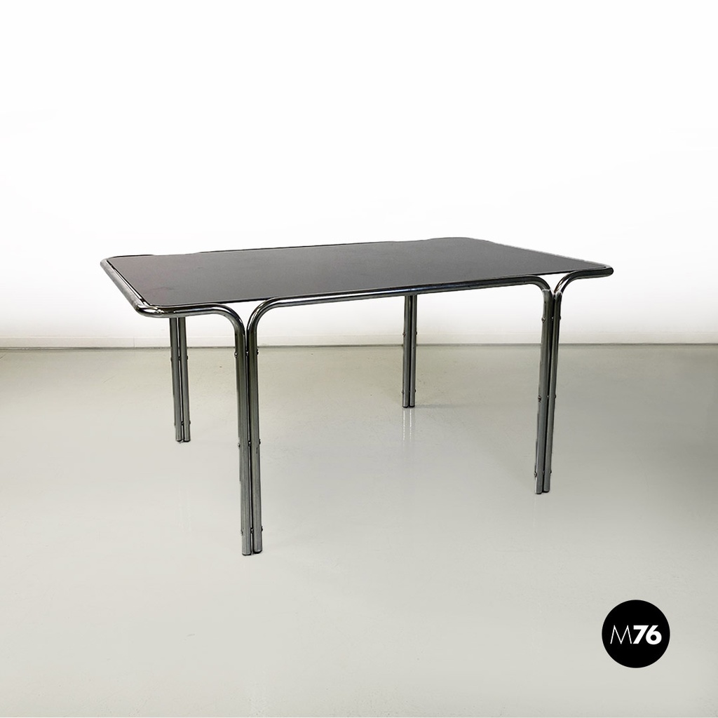 Italian modern tubolar steel and smoked glass dining table or desk, 1970s
