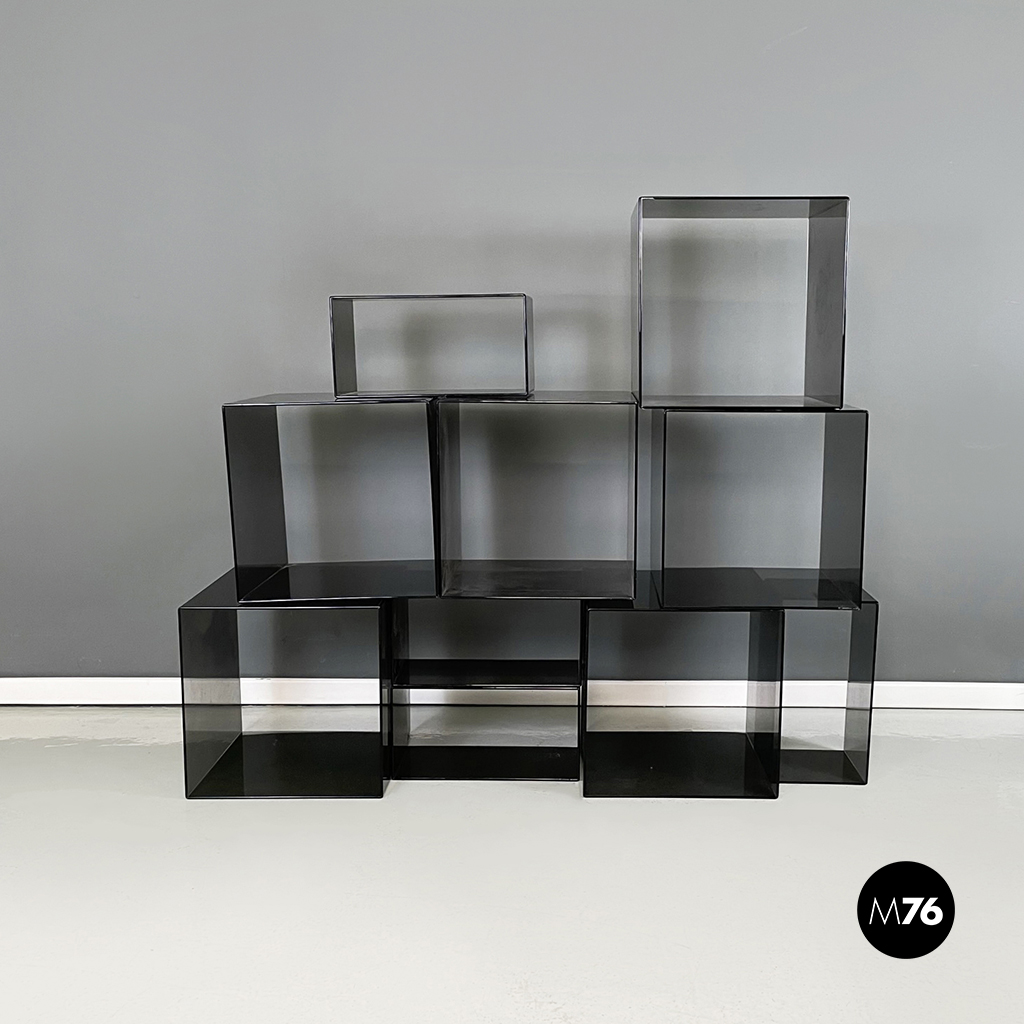 Italian modern Squared modular bookcase or display in smoked plexiglass, 1990s