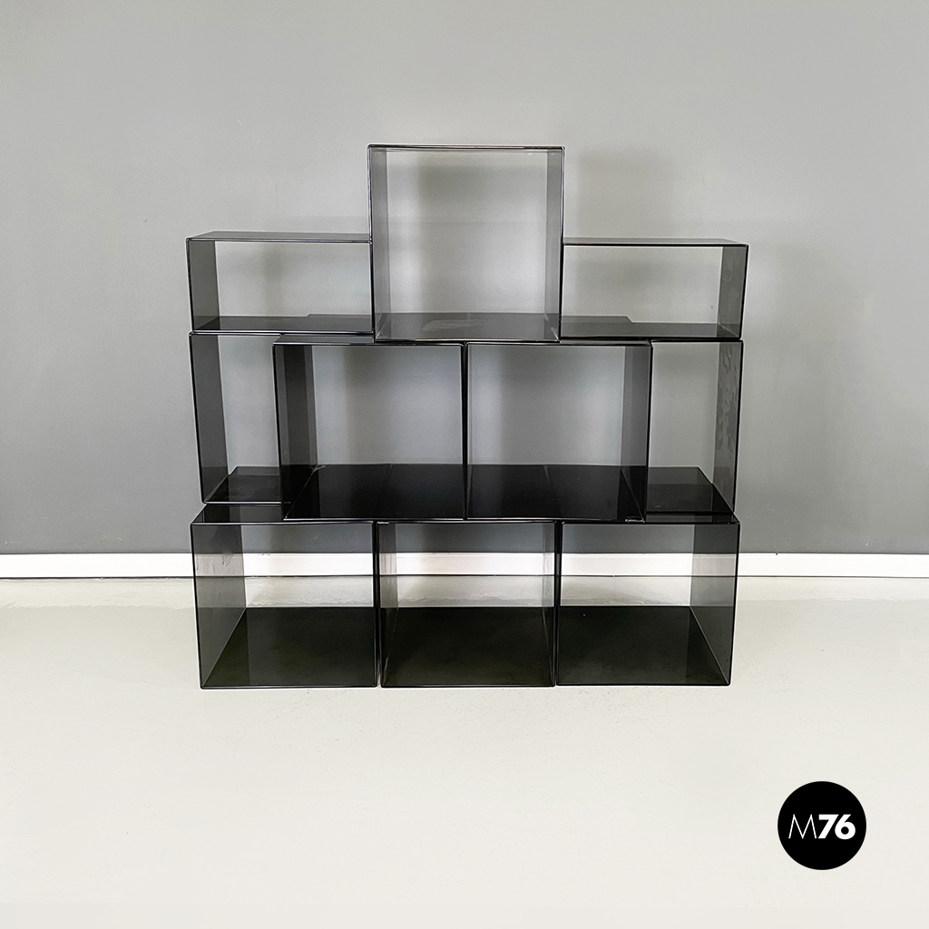 Italian modern Squared modular bookcase or display in smoked plexiglass, 1990s
