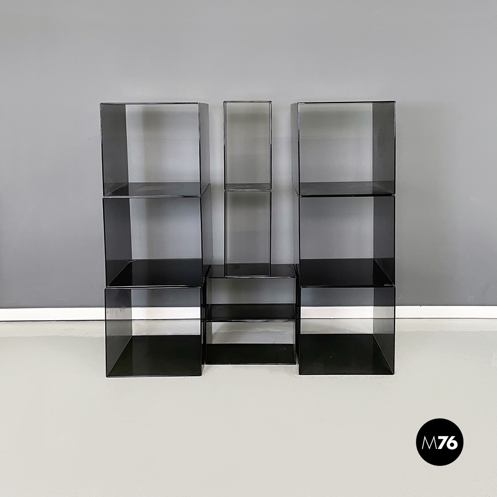 Italian modern Squared modular bookcase or display in smoked plexiglass, 1990s