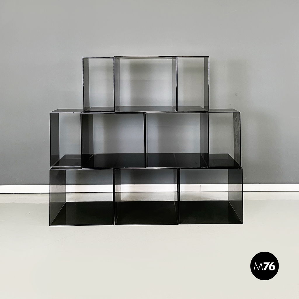 Italian modern Squared modular bookcase or display in smoked plexiglass, 1990s