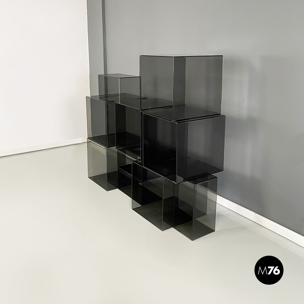 Italian modern Squared modular bookcase or display in smoked plexiglass, 1990s
