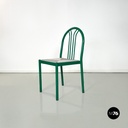 Italian modern green tubolar metal and grey straw chairs stackable, 1980s