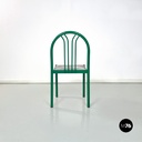 Italian modern green tubolar metal and grey straw chairs stackable, 1980s