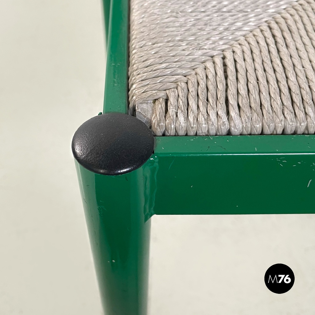 Italian modern green tubolar metal and grey straw chairs stackable, 1980s