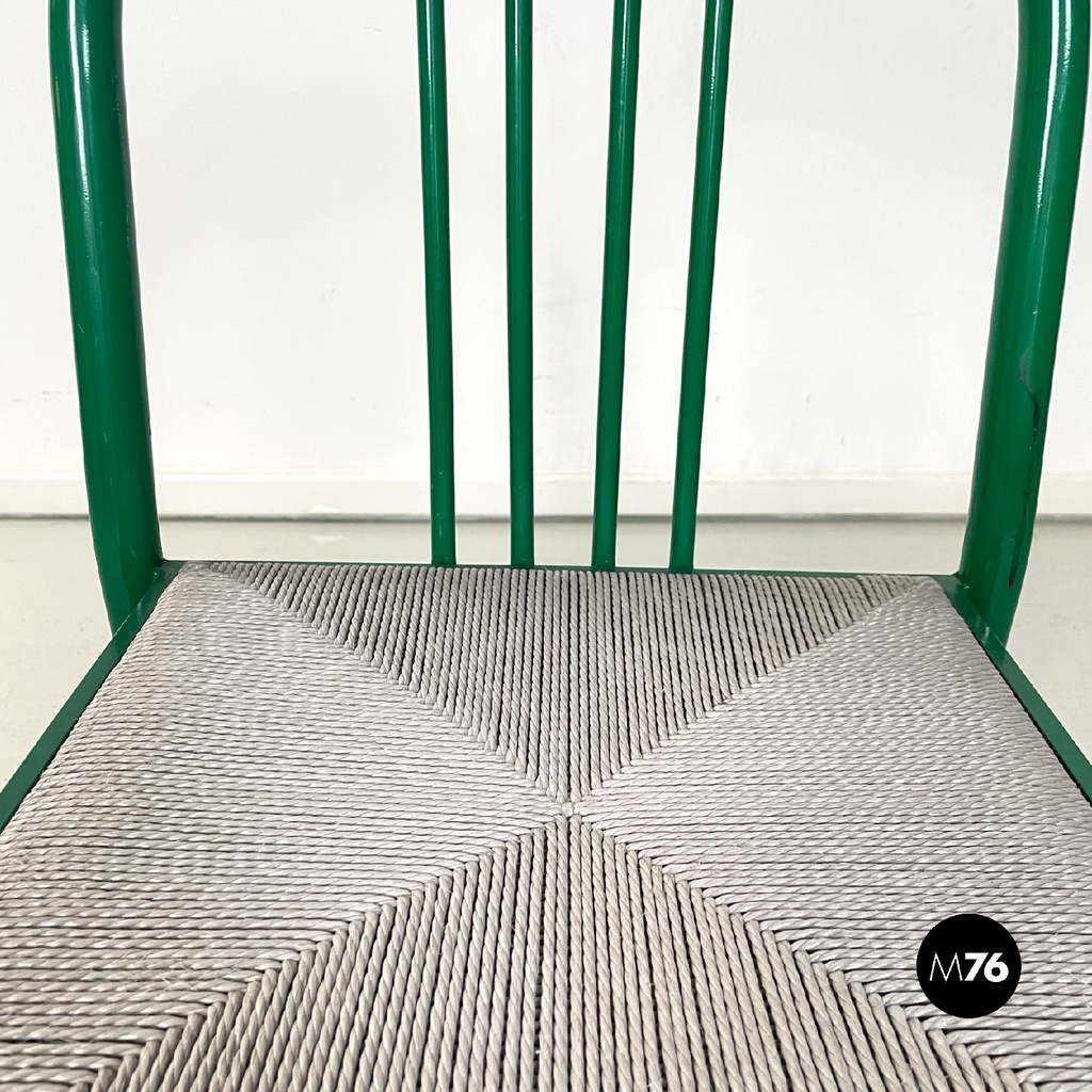 Italian modern green tubolar metal and grey straw chairs stackable, 1980s