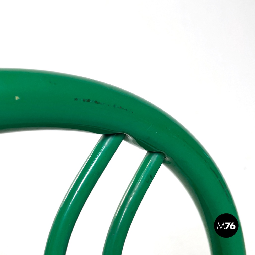 Italian modern green tubolar metal and grey straw chairs stackable, 1980s