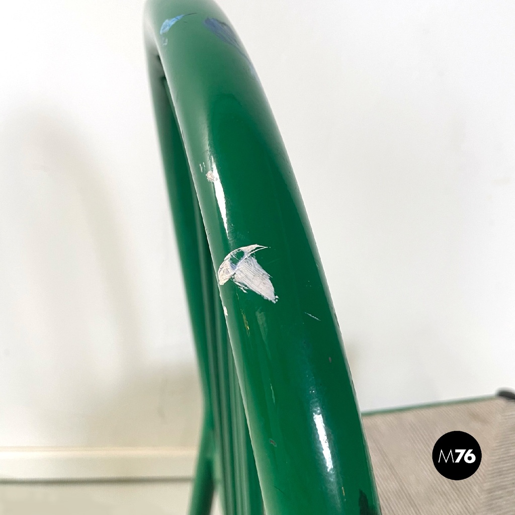 Italian modern green tubolar metal and grey straw chairs stackable, 1980s