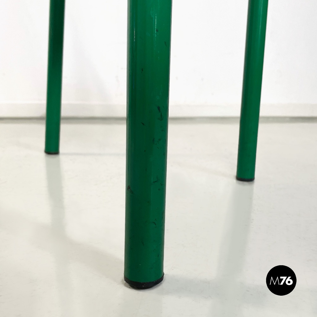 Italian modern green tubolar metal and grey straw chairs stackable, 1980s
