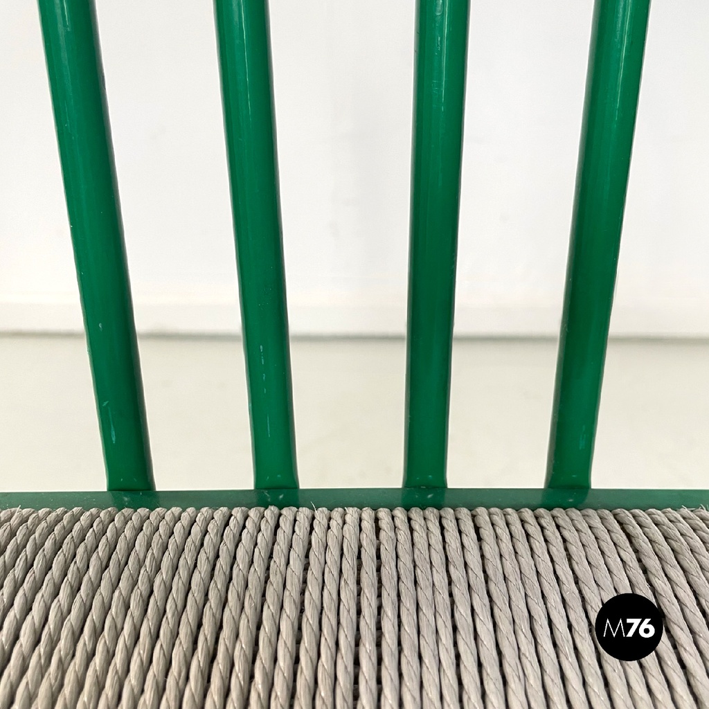 Italian modern green tubolar metal and grey straw chairs stackable, 1980s