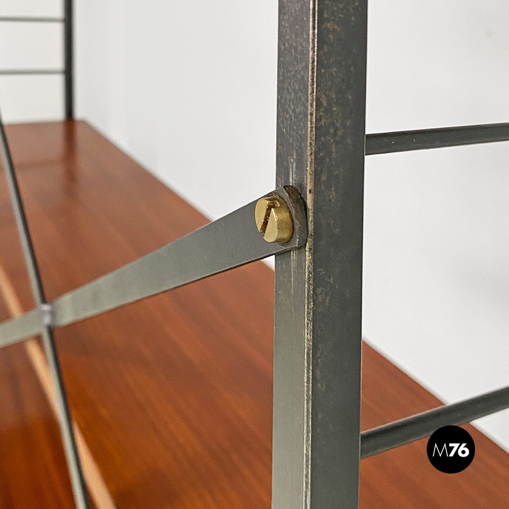 Italian mid-century modern self-supporting metal wood brass String bookcase 1960