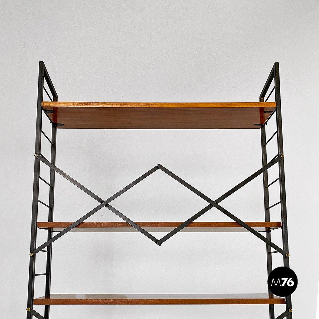 Italian mid-century modern self-supporting metal wood brass String bookcase 1960