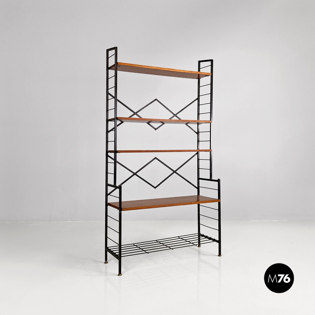 Italian mid-century modern self-supporting metal wood brass String bookcase 1960