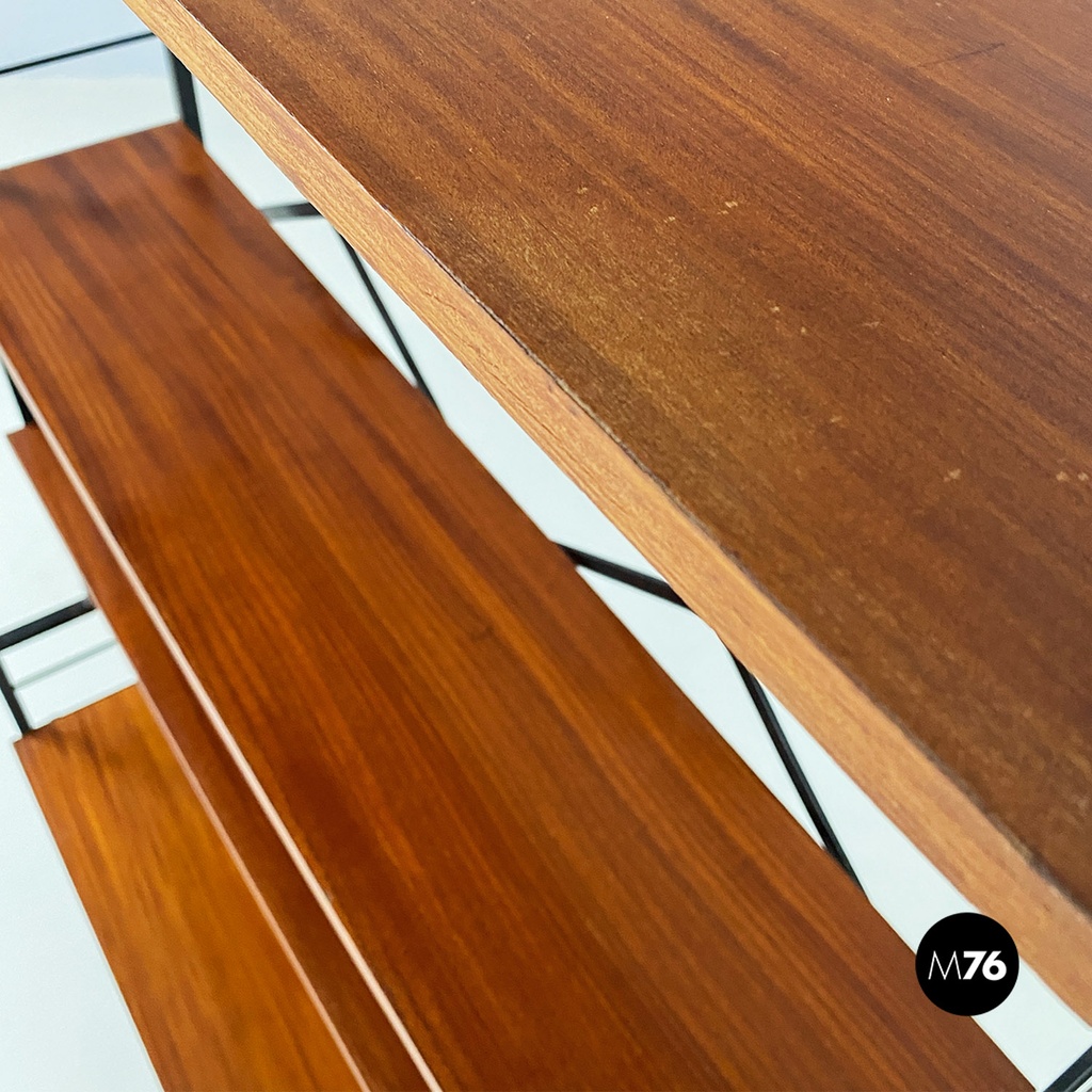 Italian mid-century modern self-supporting metal wood brass String bookcase 1960