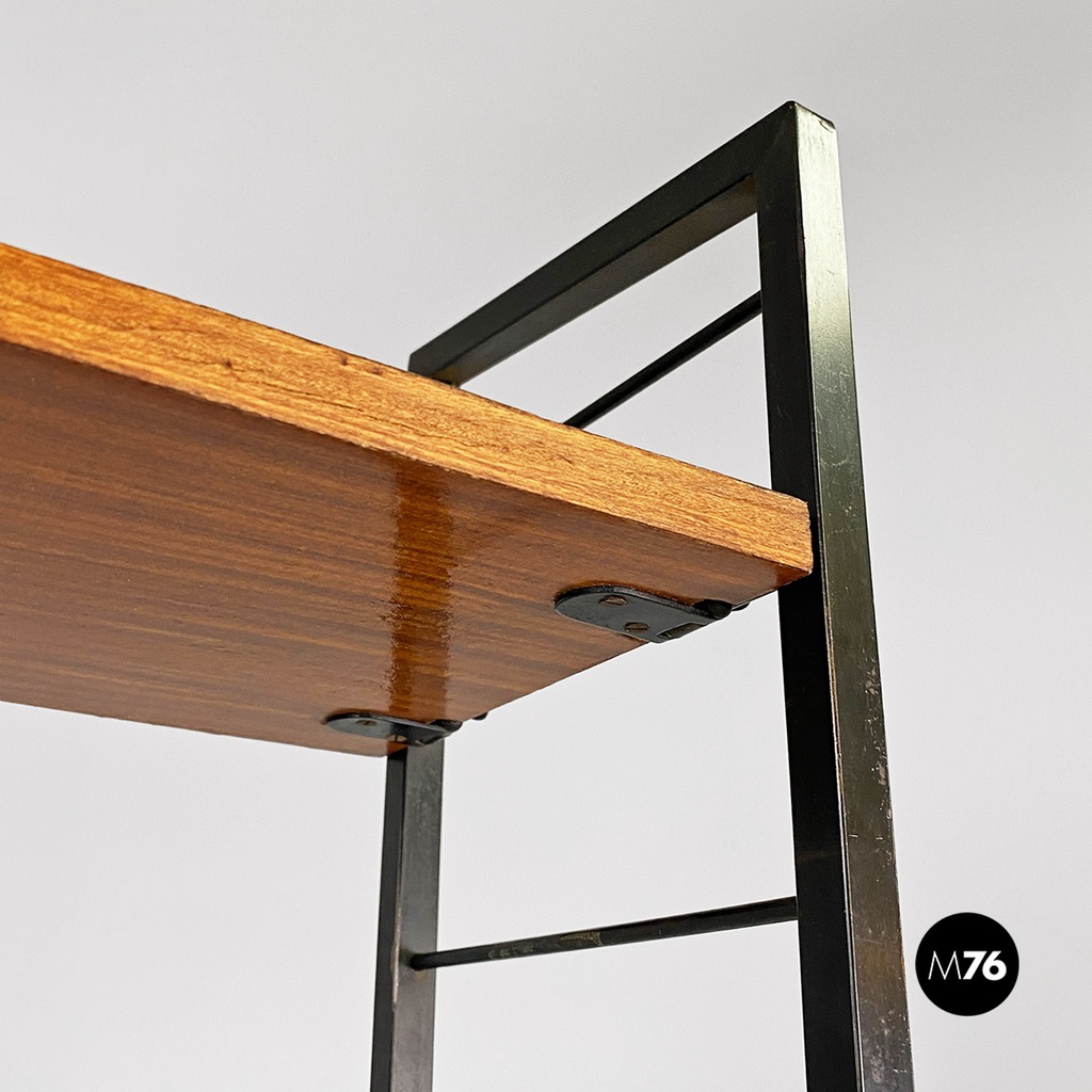 Italian mid-century modern self-supporting metal wood brass String bookcase 1960