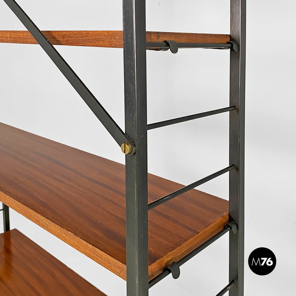 Italian mid-century modern self-supporting metal wood brass String bookcase 1960