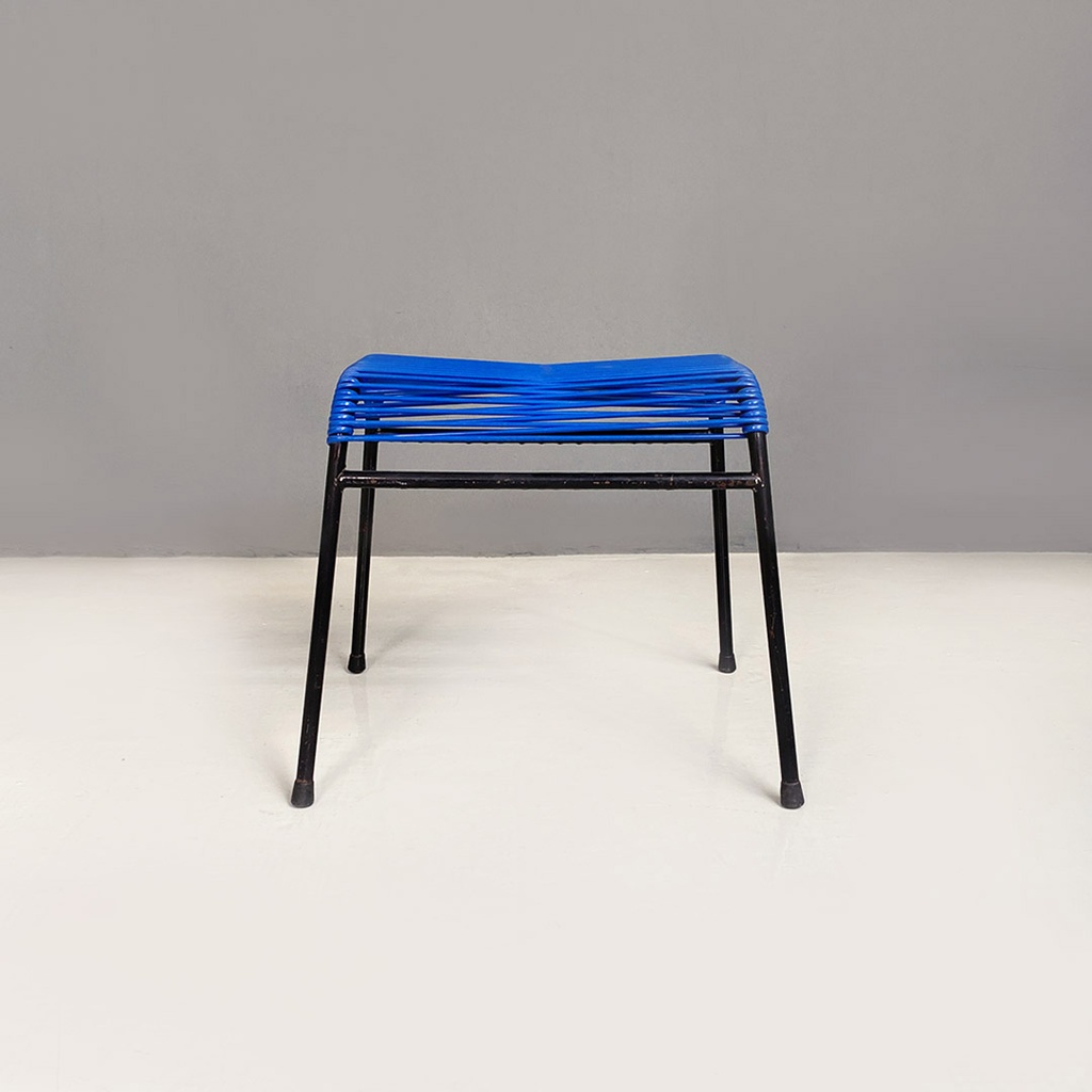 Italian mid century black metal blue plastic footstool or footstool, 1960s