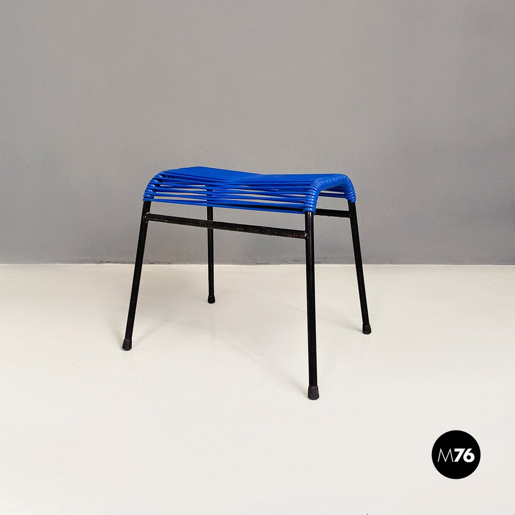 Italian mid century black metal blue plastic footstool or footstool, 1960s