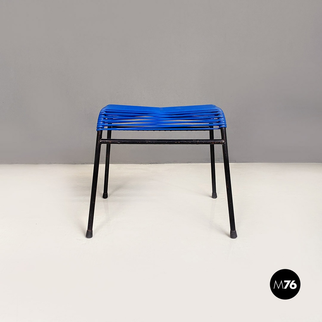 Italian mid century black metal blue plastic footstool or footstool, 1960s