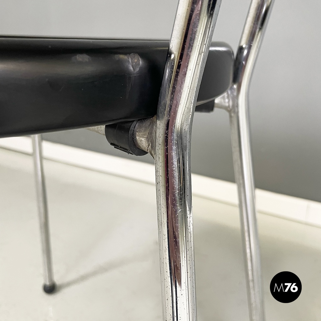 Italian modern round Chairs in black wood and metal rod, 1980s