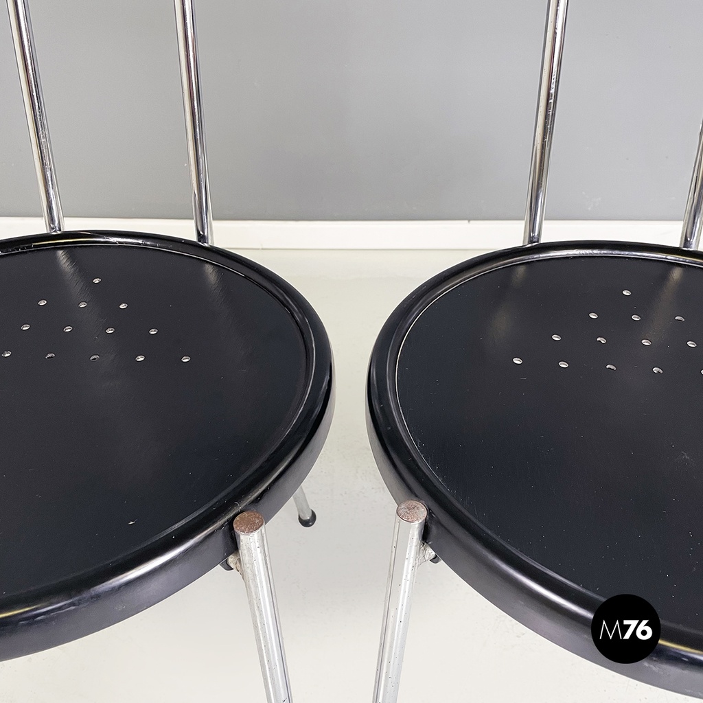 Italian modern round Chairs in black wood and metal rod, 1980s
