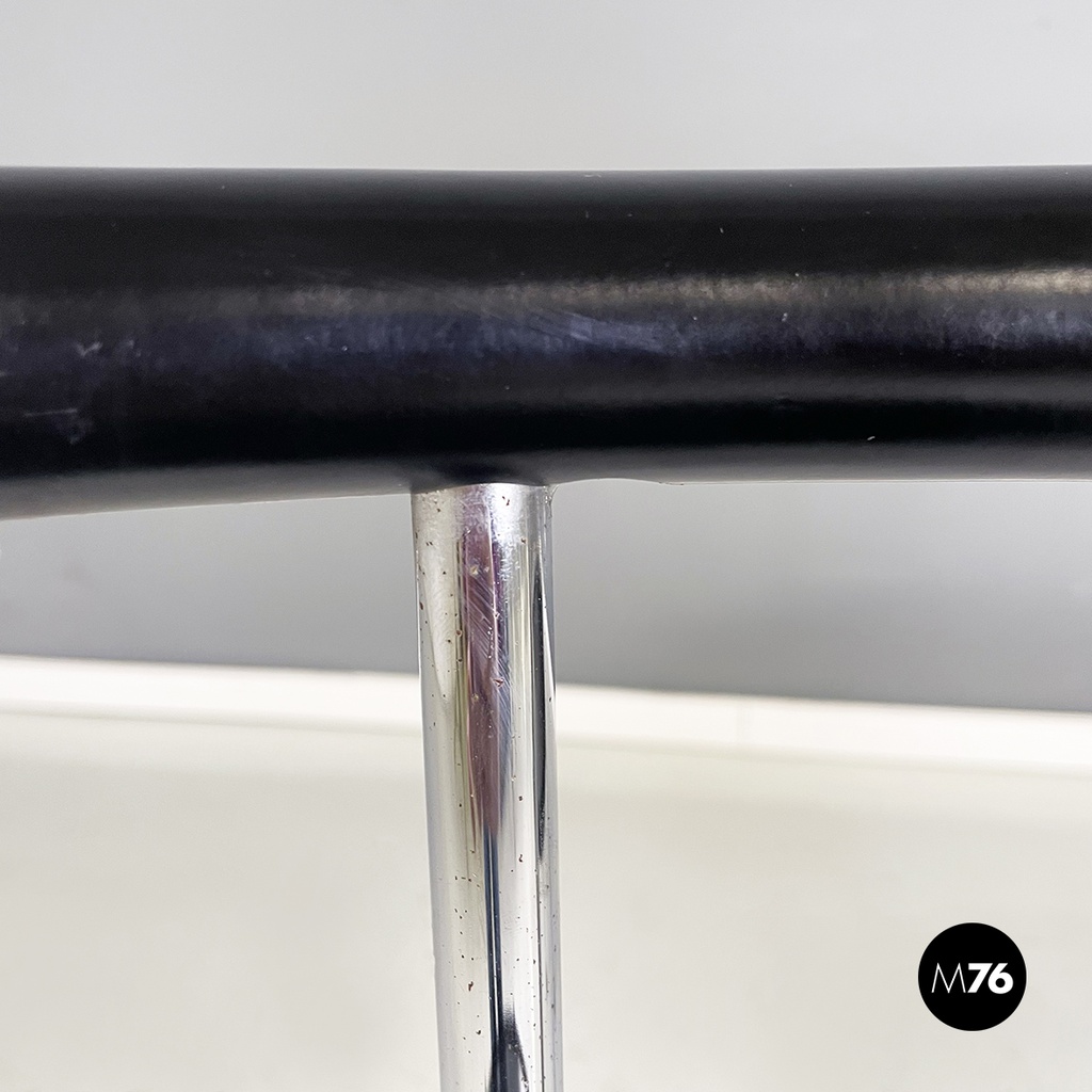 Italian modern round Chairs in black wood and metal rod, 1980s