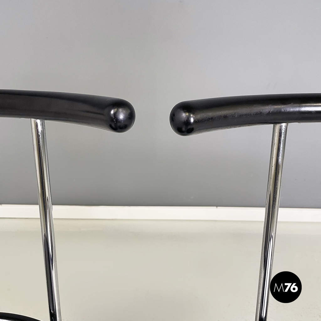 Italian modern round Chairs in black wood and metal rod, 1980s