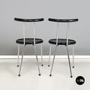 Italian modern round Chairs in black wood and metal rod, 1980s