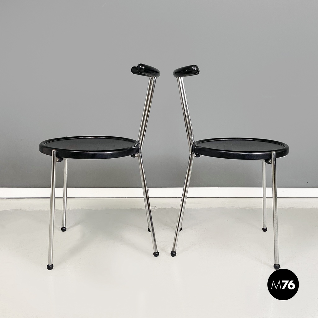 Italian modern round Chairs in black wood and metal rod, 1980s