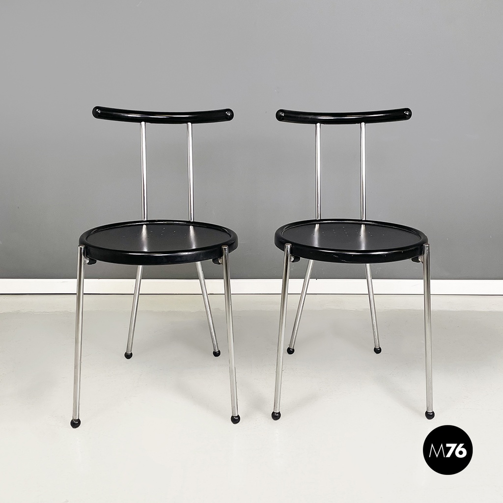 Italian modern round Chairs in black wood and metal rod, 1980s