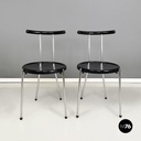 Italian modern round Chairs in black wood and metal rod, 1980s