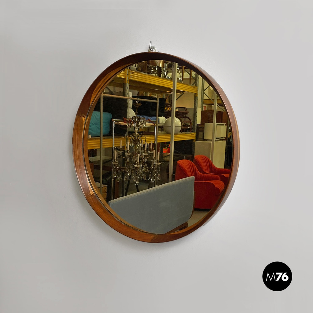 Danish mid century modern wooden rounded brown frame mirror, 1960s