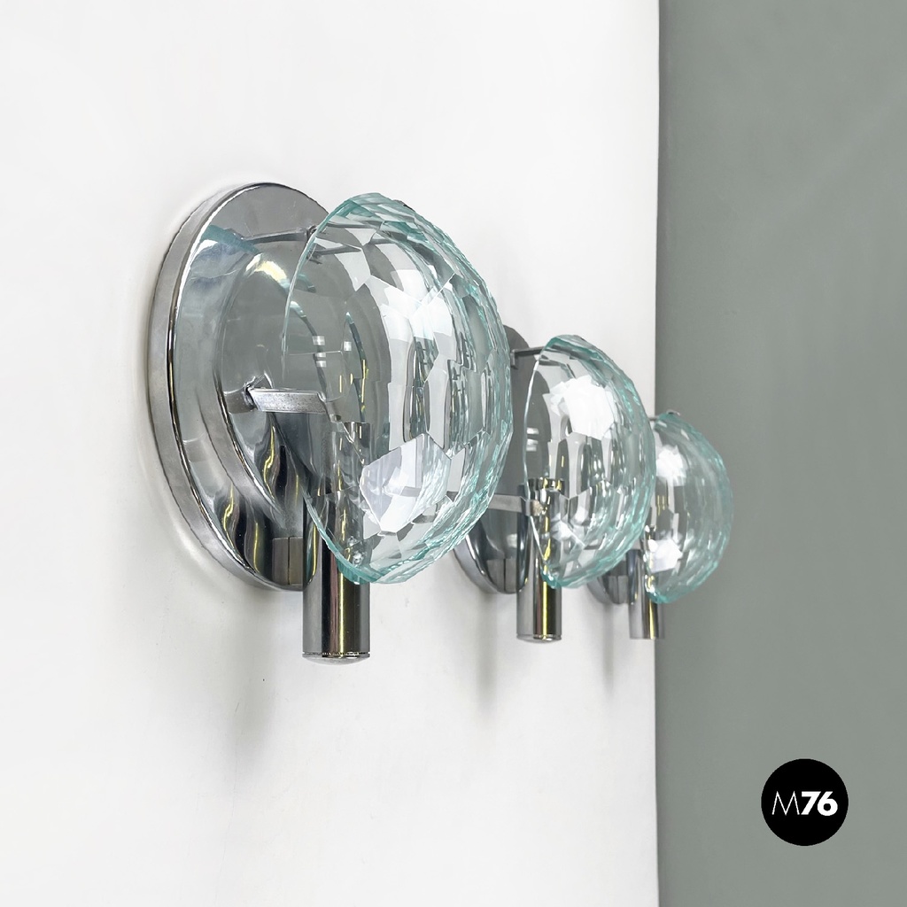 Italian mid-century modern chromed metal and faceted glass wall lights, 1960s