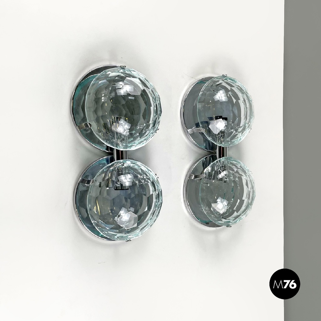 Italian mid-century modern chromed metal and faceted glass wall lights, 1960s