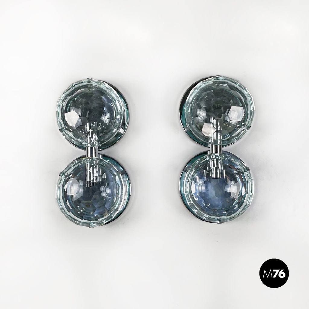 Italian mid-century modern chromed metal and faceted glass wall lights, 1960s