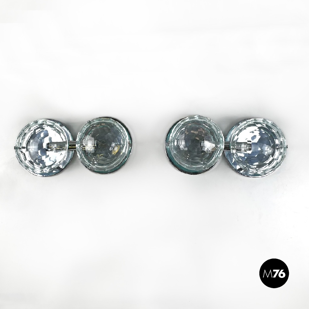 Italian mid-century modern chromed metal and faceted glass wall lights, 1960s